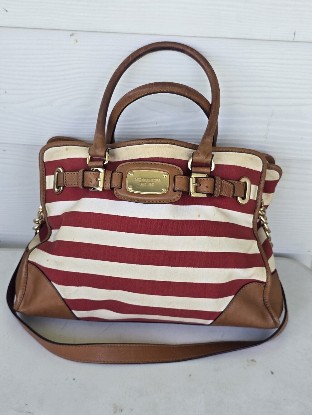 Michael Kors Red White Stripe Canvas Leather Satchel Crossbody Shoulder Bag FLAW